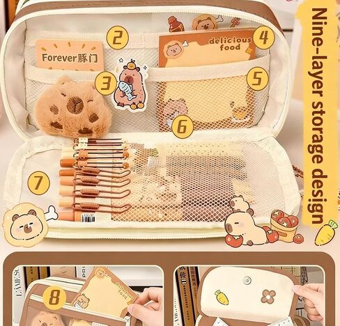 Cute Capybara Pencil Case, Kawaii Pouch Stationery Set, Stationery Pouch Set with Plush Brooch, Pens, Sticky Notes, Keychain, Stickers, whiteout Correction Tape, Large Capacity Multi-layers Pen Case in Kuwait