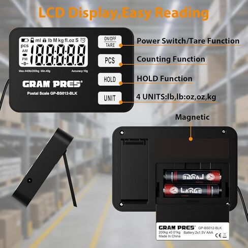 GRAM PRES Shipping Scale 440 lbs/10g Digital Postal Scale with LCD Display, Hold/Tare/Pcs Functions for Packages/Luggage/Post Office/Dog, Battery & USB Cable Included in Kuwait