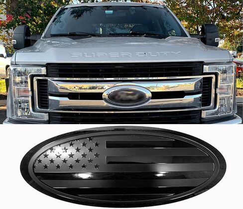 شبكة أمامية مقاس 12 بوصة وغطاء خلفي من الألومنيوم وشعار العلم الأسود الأمريكي لسيارة Superduty F250 F350 Super Duty (أسود، 12 بوصة) in Kuwait