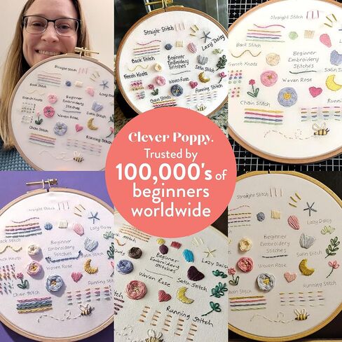 طقم تطريز للمبتدئين من Clever Poppy Stitch Sampler - طقم تطريز سهل للمبتدئين مع الطوق والخيط والأنماط - طقم تطريز يدوي للبالغين والمراهقين - طقم تطريز كامل للمبتدئين in Kuwait