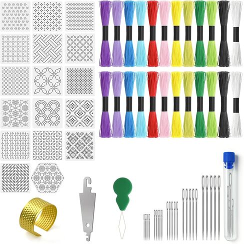 Sashiko Kit, Includes Sashiko Thread, 100% Cotton Fabric, Needle, Thimble, Threader, and Sashiko Pattern Template. Ideal for Sewing Beginners, Mending, and Hand Quilting. in Kuwait