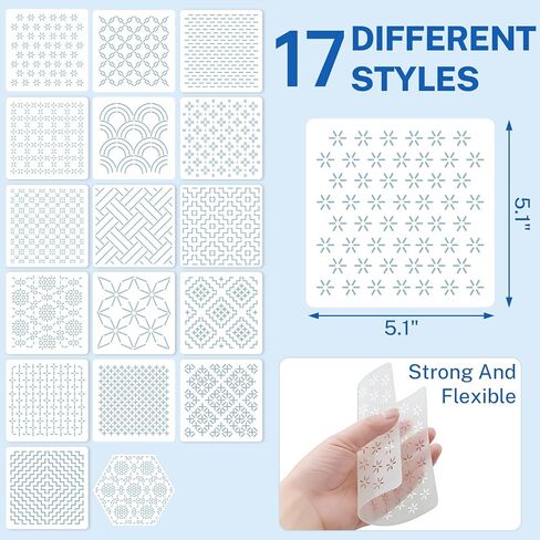 Sashiko Kit, Includes Sashiko Thread, 100% Cotton Fabric, Needle, Thimble, Threader, and Sashiko Pattern Template. Ideal for Sewing Beginners, Mending, and Hand Quilting. in Kuwait