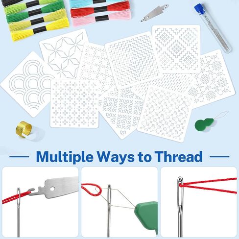 Sashiko Kit, Includes Sashiko Thread, 100% Cotton Fabric, Needle, Thimble, Threader, and Sashiko Pattern Template. Ideal for Sewing Beginners, Mending, and Hand Quilting. in Kuwait