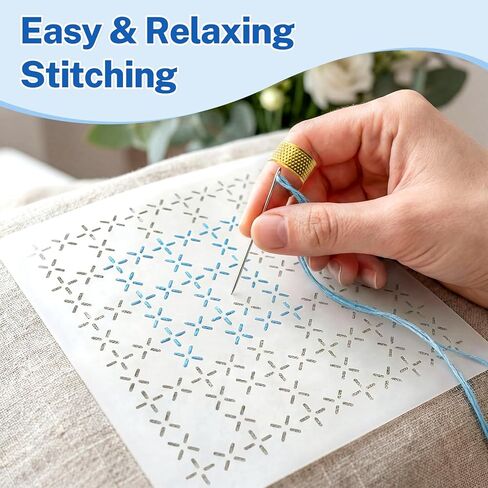 Sashiko Kit, Includes Sashiko Thread, 100% Cotton Fabric, Needle, Thimble, Threader, and Sashiko Pattern Template. Ideal for Sewing Beginners, Mending, and Hand Quilting. in Kuwait