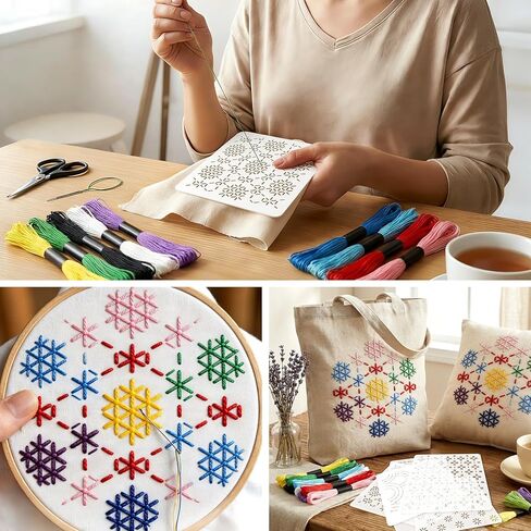 Sashiko Kit, Includes Sashiko Thread, 100% Cotton Fabric, Needle, Thimble, Threader, and Sashiko Pattern Template. Ideal for Sewing Beginners, Mending, and Hand Quilting. in Kuwait