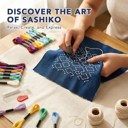 مجموعة تطريز Onism Sashiko للمبتدئين - خيط Sashiko، الإبر، أنماط العصا والغرز القابلة للذوبان في الماء ونسيج الدنيم | مجموعة أدوات إصلاح مرئية مكونة من 7 ألوان نابضة بالحياة لإصلاح خياطة اللحف اليدوية in Kuwait