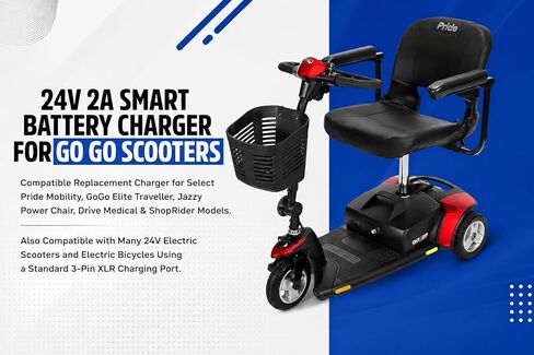 24V 2A Battery Charger for GoGo Mobility Scooter - 24V 2000mA Automatic SLA Scooter Charger (3-Pin XLR Connector) for Drive Medical, Go-Go Elite Traveller, Jazzy Power Chair, Pride Mobility, ShopRider in Kuwait