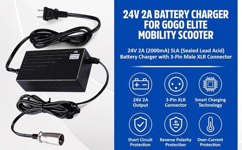 24V 2A Battery Charger for GoGo Mobility Scooter - 24V 2000mA Automatic SLA Scooter Charger (3-Pin XLR Connector) for Drive Medical, Go-Go Elite Traveller, Jazzy Power Chair, Pride Mobility, ShopRider in Kuwait