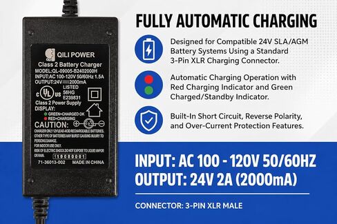 24V 2A Battery Charger for GoGo Mobility Scooter - 24V 2000mA Automatic SLA Scooter Charger (3-Pin XLR Connector) for Drive Medical, Go-Go Elite Traveller, Jazzy Power Chair, Pride Mobility, ShopRider in Kuwait