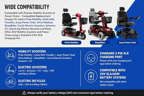 24V 2A Battery Charger for GoGo Mobility Scooter - 24V 2000mA Automatic SLA Scooter Charger (3-Pin XLR Connector) for Drive Medical, Go-Go Elite Traveller, Jazzy Power Chair, Pride Mobility, ShopRider in Kuwait