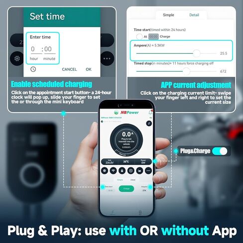 Level 2 EV Charger 48Amp 240V, 16.5ft Cable, EVSE w/ J1772 Connector, NEMA 14-50 Plug, WiFi Enabled, Smart Display, RFID Card Electric Car Charger in Kuwait