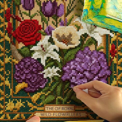 Zhenqing Vintage Wildflowers Cross Stitch Kit - 11CT 28x38cm Full Coverage Embroidery with Pre-Printed Pattern, No Hoop Needed for Beginners(70353) in Kuwait