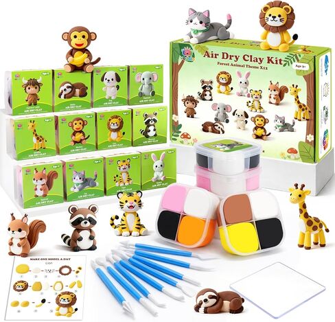 Kids Air Dry Clay Kit – 12 Animal Sculpting Set with Tools & Tutorials | Safe, Ultra-Light, No-Bake Clay | STEM Art Gift for Ages 3+ in Kuwait