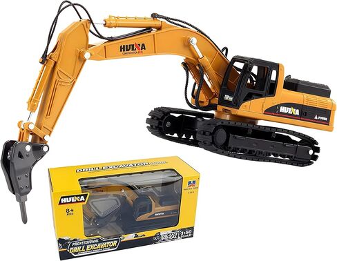 Gemini&Genius Drill Excavator Toys for Kids, Heavy Duty Construction Vehicle Toy 1:50 Scale Hammer Digger, Driller Car Toy, Alloy Model with Moveable Joints and 360° Rotatable Table in Kuwait