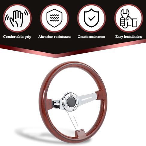 14Inch Universal Steering Wheel - Chrome-Plated Aluminum Alloy 3 Spokes 6 Holes 70m Deep Dish for Car Racing Car Classic Car Vintage Car 350mm Universal Wood Grain Steering Wheel in Kuwait