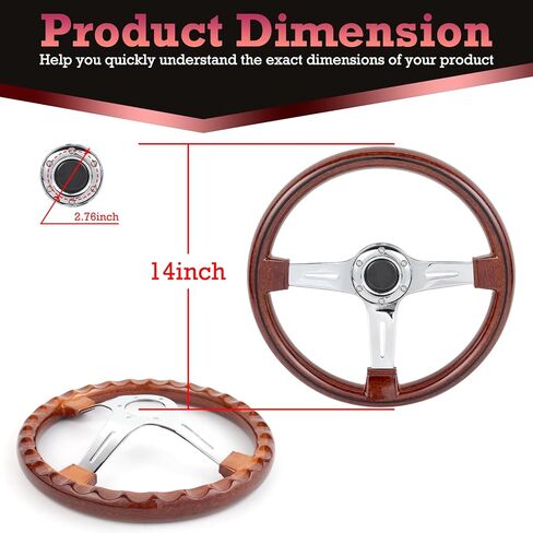 14Inch Universal Steering Wheel - Chrome-Plated Aluminum Alloy 3 Spokes 6 Holes 70m Deep Dish for Car Racing Car Classic Car Vintage Car 350mm Universal Wood Grain Steering Wheel in Kuwait
