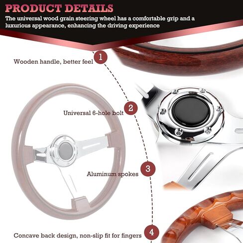 14Inch Universal Steering Wheel - Chrome-Plated Aluminum Alloy 3 Spokes 6 Holes 70m Deep Dish for Car Racing Car Classic Car Vintage Car 350mm Universal Wood Grain Steering Wheel in Kuwait