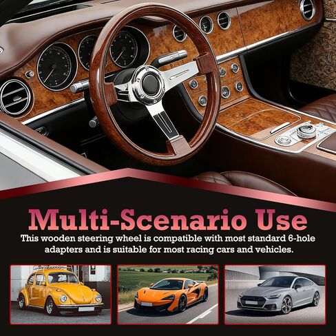 14Inch Universal Steering Wheel - Chrome-Plated Aluminum Alloy 3 Spokes 6 Holes 70m Deep Dish for Car Racing Car Classic Car Vintage Car 350mm Universal Wood Grain Steering Wheel in Kuwait