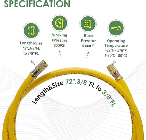 New 3/8" HVAC Vacuum Hose, Yellow (Center Port) Refrigerant Charging Hose, Standard 3/8"×3/8" Flare Fittings, 6 FT, Low Resistance and High Flow,Faster HVAC Evacuation and Recovery, 20 Microns Vacuum in Kuwait