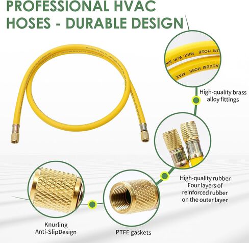 New 3/8" HVAC Vacuum Hose, Yellow (Center Port) Refrigerant Charging Hose, Standard 3/8"×3/8" Flare Fittings, 6 FT, Low Resistance and High Flow,Faster HVAC Evacuation and Recovery, 20 Microns Vacuum in Kuwait