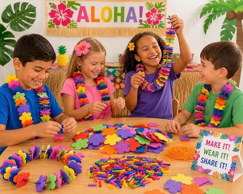 مجموعة صنع Fun Express Hawaiian Leis Bulk Lei - اصنع 12 قلادة من الزهور الإسفنجية الملونة لديكورات حفلات Luau | هدايا حفلات هاواي الاستوائية وVBS 2026 لوازم حرفية لمدرسة الكتاب المقدس للعطلات للأطفال in Kuwait