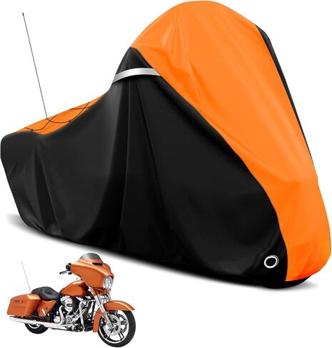 غطاء دراجة نارية من COVERVIN لسيارة Harley Davidson Touring Road King Road Glide Electra Glide Street Glide Low Rider-ST Heritage Classic HD Goldwing، غطاء طراد مقاوم للماء لجميع الأحوال الجوية، أسود وبرتقالي in Kuwait