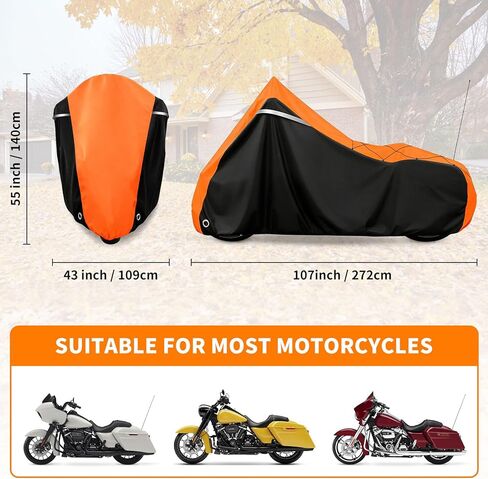 غطاء دراجة نارية من COVERVIN لسيارة Harley Davidson Touring Road King Road Glide Electra Glide Street Glide Low Rider-ST Heritage Classic HD Goldwing، غطاء طراد مقاوم للماء لجميع الأحوال الجوية، أسود وبرتقالي in Kuwait