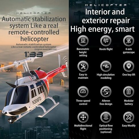 طائرة هليكوبتر RC، 1:33 RC C138 جهاز تحكم عن بعد 206 طائرة هليكوبتر 2.4G 6CH RC نموذج طائرة عسكرية، مع طائرة هليكوبتر لتحديد المواقع بالتدفق البصري ألعاب داخلية وخارجية RC Flying -RTF in Kuwait