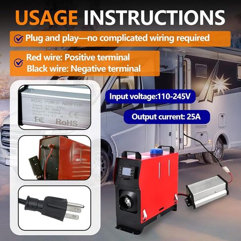 110V to 12V Diesel Air Heater Power Supply Adapter for 5KW / 8KW All-in-One Diesel Air Heater, 300W 25A AC to DC Transformer with Safety Protection, Suitable for RV, RV and Garage Heating System in Kuwait