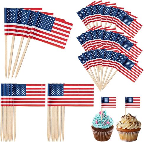 100 Pcs American Flag Toothpicks - Premium Patriotic Cupcake Toppers with Double-Sided Printing | Larger Flags for 4th of July, Juneteenth, Veterans Day Party Decorations & Home Festive Display in Kuwait