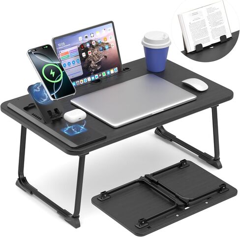 Foldable Laptop Desk for Bed with Wireless Charger - Large Lap Computer Tray Table with Tablet Slot and Book Shelf Read Table for Couch Chair Floor for Writing, Studying Eating, and WFH in Kuwait