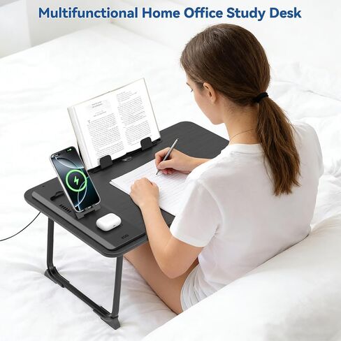Foldable Laptop Desk for Bed with Wireless Charger - Large Lap Computer Tray Table with Tablet Slot and Book Shelf Read Table for Couch Chair Floor for Writing, Studying Eating, and WFH in Kuwait