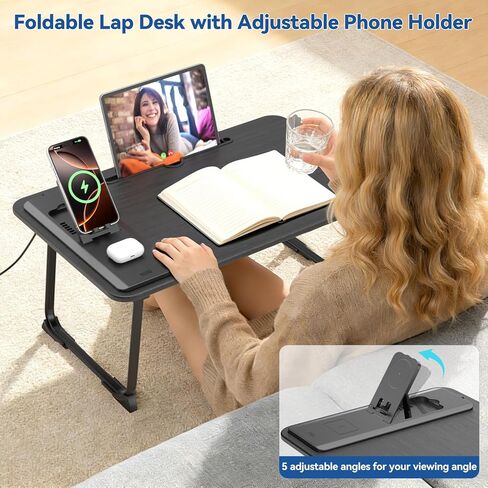 Foldable Laptop Desk for Bed with Wireless Charger - Large Lap Computer Tray Table with Tablet Slot and Book Shelf Read Table for Couch Chair Floor for Writing, Studying Eating, and WFH in Kuwait