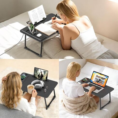 Foldable Laptop Desk for Bed with Wireless Charger - Large Lap Computer Tray Table with Tablet Slot and Book Shelf Read Table for Couch Chair Floor for Writing, Studying Eating, and WFH in Kuwait