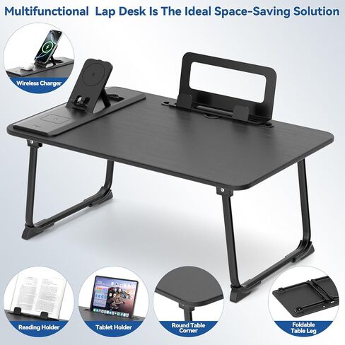 Foldable Laptop Desk for Bed with Wireless Charger - Large Lap Computer Tray Table with Tablet Slot and Book Shelf Read Table for Couch Chair Floor for Writing, Studying Eating, and WFH in Kuwait