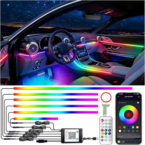RGB-IC 6 in 1 Car Led Strip Lights, Interior Car Lights, App and Remote Control Ambient Lighting Kit with 16 Million Colors Fiber Optics&Music Sync Rhythm, USB Neon Light Accessories for Console&Door in Kuwait