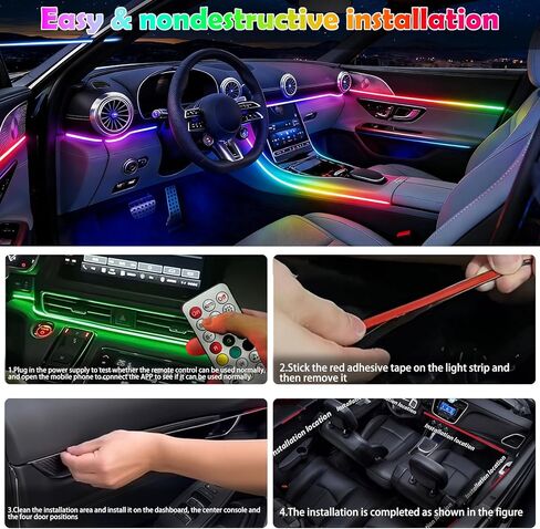 RGB-IC 6 in 1 Car Led Strip Lights, Interior Car Lights, App and Remote Control Ambient Lighting Kit with 16 Million Colors Fiber Optics&Music Sync Rhythm, USB Neon Light Accessories for Console&Door in Kuwait