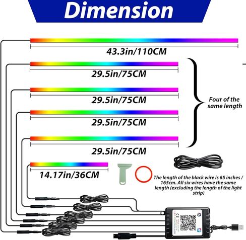 RGB-IC 6 in 1 Car Led Strip Lights, Interior Car Lights, App and Remote Control Ambient Lighting Kit with 16 Million Colors Fiber Optics&Music Sync Rhythm, USB Neon Light Accessories for Console&Door in Kuwait