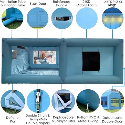 23x13x9FT Inflatable Paint Booth, Spray Paint Tent with 750W+550W Blowers and Air Filter System, Blow up Paint Booth for DIY, Auto Refinish, Mobile Detailing,Motorcycle Garage in Kuwait