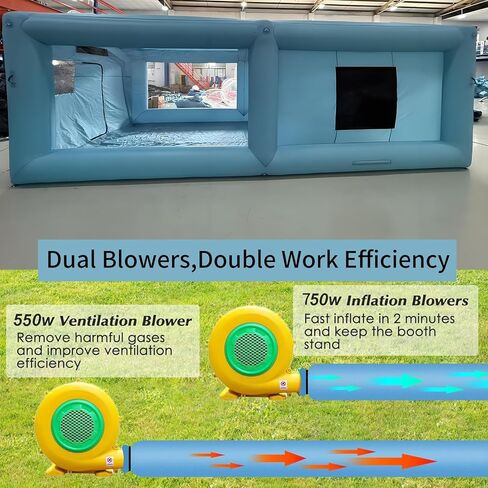 23x13x9FT Inflatable Paint Booth, Spray Paint Tent with 750W+550W Blowers and Air Filter System, Blow up Paint Booth for DIY, Auto Refinish, Mobile Detailing,Motorcycle Garage in Kuwait