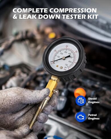Orion Motor Tech 51pc Compression and Leakage Tester Kit for Petrol & Diesel Engines, Cylinder Leak Down Test Kit with Dual Pressure Gauge, Adapters, Hoses, & Quick Couplers for HDi, TDCi & PD Engines in Kuwait