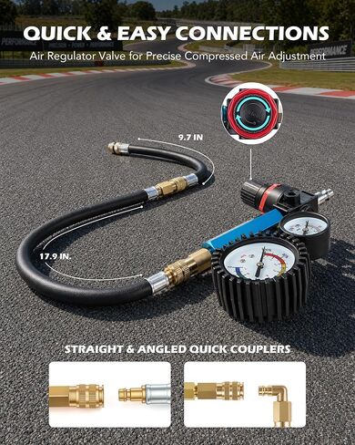 Orion Motor Tech 51pc Compression and Leakage Tester Kit for Petrol & Diesel Engines, Cylinder Leak Down Test Kit with Dual Pressure Gauge, Adapters, Hoses, & Quick Couplers for HDi, TDCi & PD Engines in Kuwait