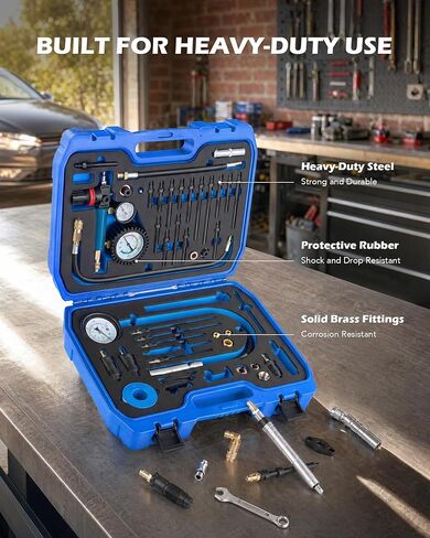 Orion Motor Tech 51pc Compression and Leakage Tester Kit for Petrol & Diesel Engines, Cylinder Leak Down Test Kit with Dual Pressure Gauge, Adapters, Hoses, & Quick Couplers for HDi, TDCi & PD Engines in Kuwait