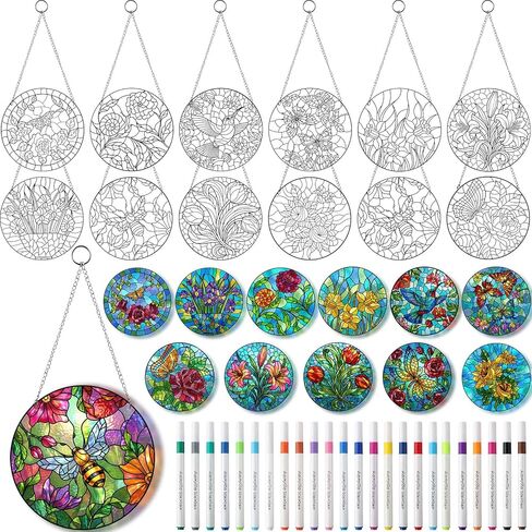 Humyoun 36 Pcs Flower Suncatchers Crafts Kit DIY Window Paint Art Stained Glass Painting Craft Kits for Activities 24 Acrylic Markers and 12 Suncatchers for Adults Home Decor Creative Projects in Kuwait