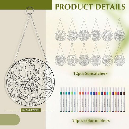 Humyoun 36 Pcs Flower Suncatchers Crafts Kit DIY Window Paint Art Stained Glass Painting Craft Kits for Activities 24 Acrylic Markers and 12 Suncatchers for Adults Home Decor Creative Projects in Kuwait