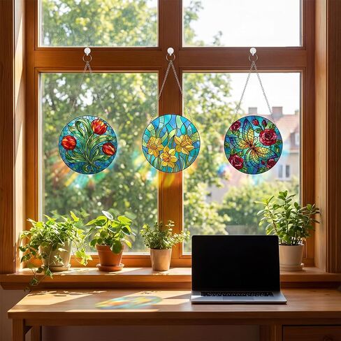 Humyoun 36 Pcs Flower Suncatchers Crafts Kit DIY Window Paint Art Stained Glass Painting Craft Kits for Activities 24 Acrylic Markers and 12 Suncatchers for Adults Home Decor Creative Projects in Kuwait