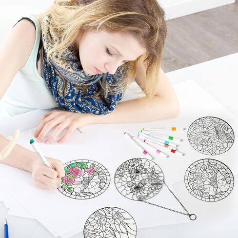 Humyoun 36 Pcs Flower Suncatchers Crafts Kit DIY Window Paint Art Stained Glass Painting Craft Kits for Activities 24 Acrylic Markers and 12 Suncatchers for Adults Home Decor Creative Projects in Kuwait