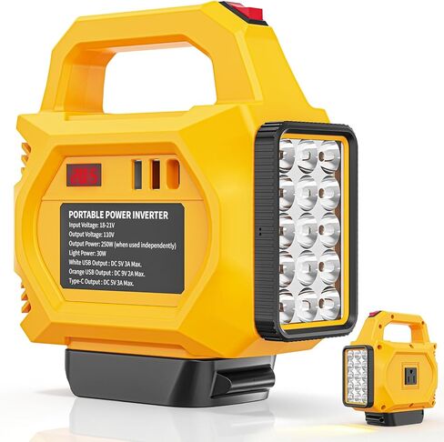 250W Power Inverter Compatible for Dewalt 20V Battery(No Battery), DC 20V to AC 110V Portable Power Station with 3000LM LED Work Light, 1 AC Outlet,2 USB Ports, 1 Type-C for Camping, Emergency Use in Kuwait