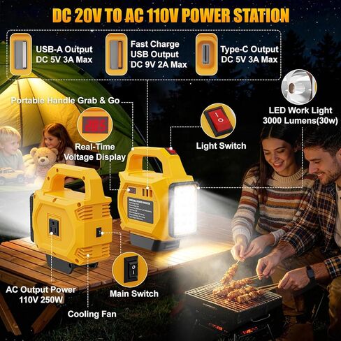 250W Power Inverter Compatible for Dewalt 20V Battery(No Battery), DC 20V to AC 110V Portable Power Station with 3000LM LED Work Light, 1 AC Outlet,2 USB Ports, 1 Type-C for Camping, Emergency Use in Kuwait