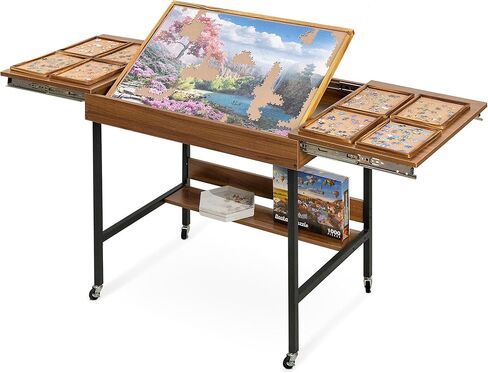 Becko US 2 in 1 Jigsaw Puzzle Table with 8 Sorting Trays, Foldaway & 3 Tilted Angle for Adjusted Height, Universal Wheels for Moves, Shelf Rack for Storage, 31 * 21 in for Puzzles Up to 1000 Pieces in Kuwait